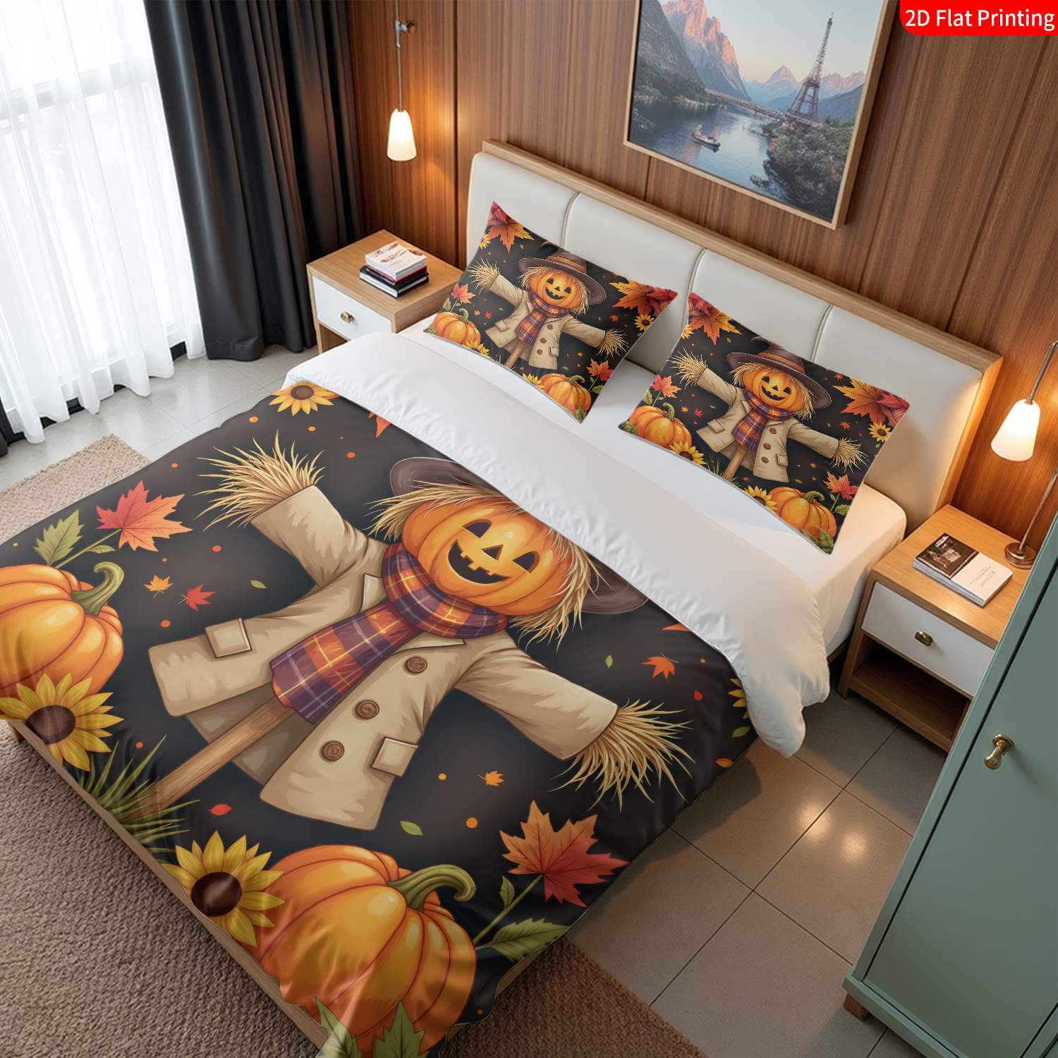 Duvet Cover Sets With Zipper - 布団カバーセット（枕カバー付き）、3ピース寝具セット（布団カバー1枚＋枕カバー2枚）、かかし、カボチャ、カエデの葉のプリントが施された秋をテーマにしたベッドスプレッドセット、オールシーズン対応、洗濯機で洗える、目に見えないジッパーデザイン、大型ダブルベッドカバーセット、自宅、寮、マスターベッドルーム、ゲストルームに最適、視覚的に美しい寝室の装飾寝具、人気のファンタジー風布団カバー3ピースセット