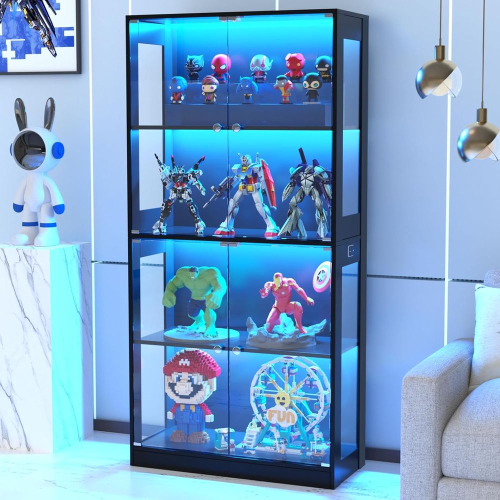 Storage & Organization - 65ガラス扉ディスプレイキャビネット、センサー照明付き4段キュリオケース、リビングルームブックケース収納
