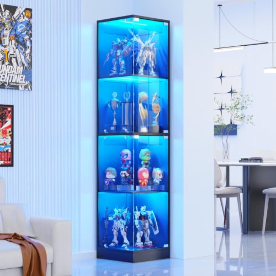 Lighting - ガラス扉付きコーナーディスプレイキャビネット、ホワイトMDF材、3色LEDライトと人感センサー付き、コレクション品、おもちゃ、ボーダー用。