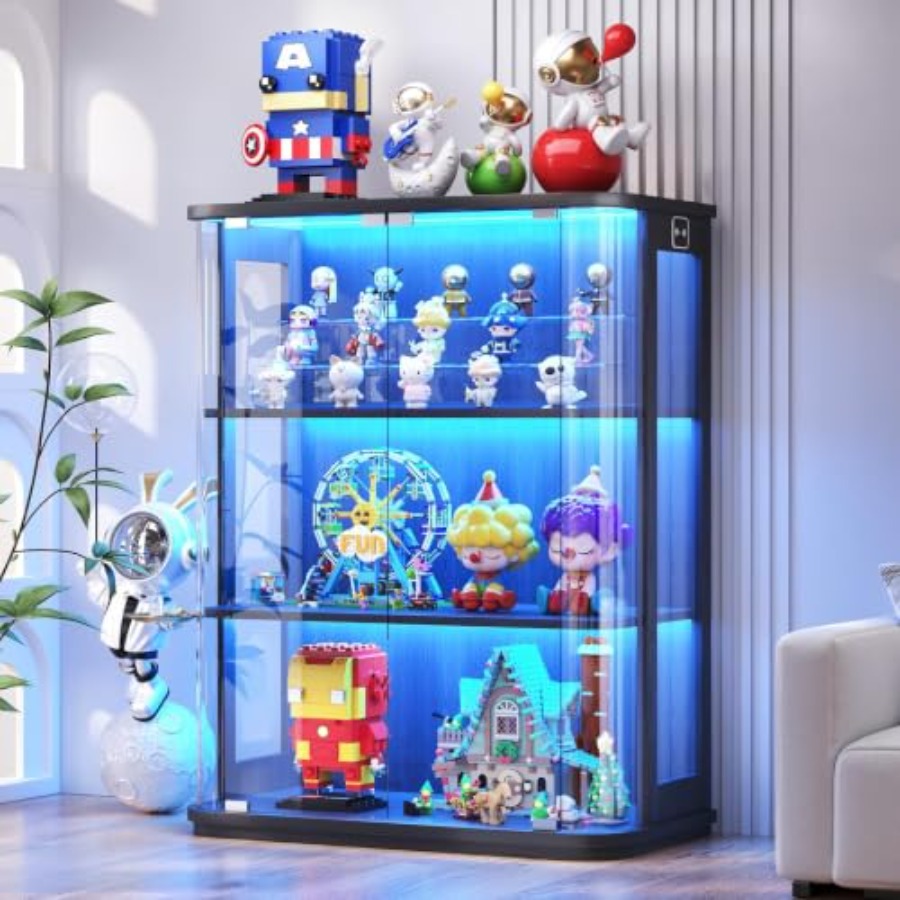 Lighting - 3段式丸型ディスプレイキャビネット（照明付き、人感センサー搭載）、リビングルーム用、アクリル製、ホワイト、省エネスマート照明