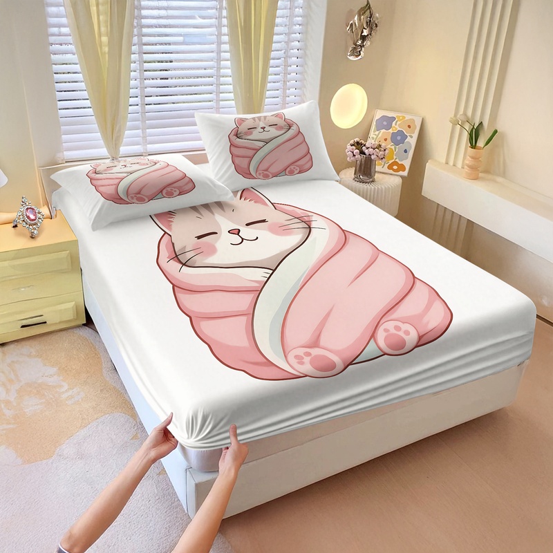 Fitted Bed Sheets Deep Pocket - 可愛い猫柄フィットシーツセット、居心地の良い眠れる猫ちゃんが毛布に包まれたベッドシーツセット、伸縮性のある深いポケット付きベッドリネン、可愛い装飾ギフト