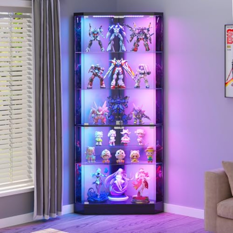 Lighting - 小売店向けRGBライトと人感センサー付きコーナーディスプレイケース、黒色アクリル製、モダンな照明付きショーケース