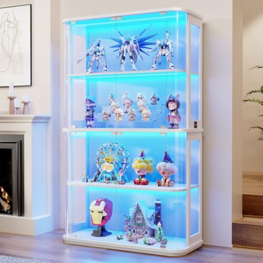 Lighting - 小売店用の丸型ディスプレイキャビネット、LEDライト付き強化ガラス扉、ホワイト仕上げ、省エネ照明。