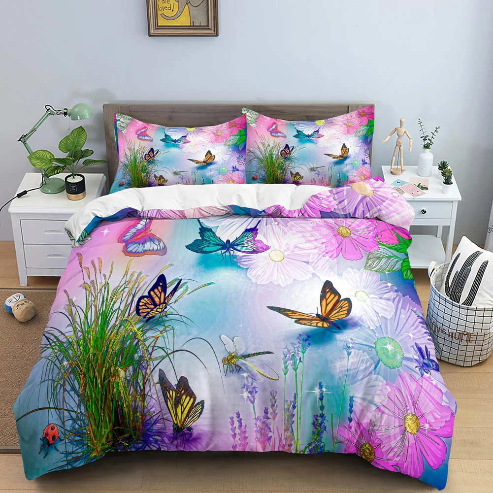 Duvet Cover Sets With Zipper - 掛け布団カバー付きバタフライ寝具セット,3D花柄掛け布団カバー,ジッパー付きクイーン,ダブルポリエステル
