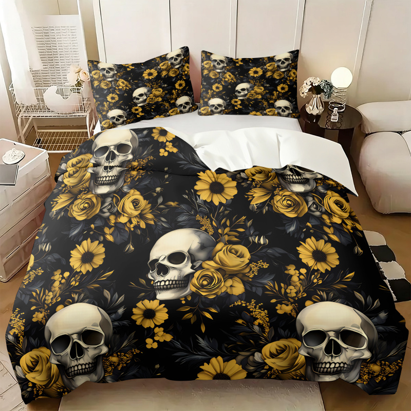 Aesthetic Floral Duvet Cover - ダークエステティックスカルイエロー花柄布団カバーセットひまわりローズ寝具ソフト掛け布団ゴシックハロウィン寝室全サイズ対応