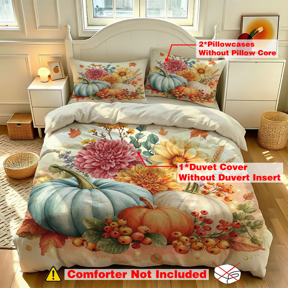 Aesthetic Floral Duvet Cover - 水彩画ライトブルーパンプキンひまわり花柄3点セット掛け布団カバーセット秋の収穫風寝具セット