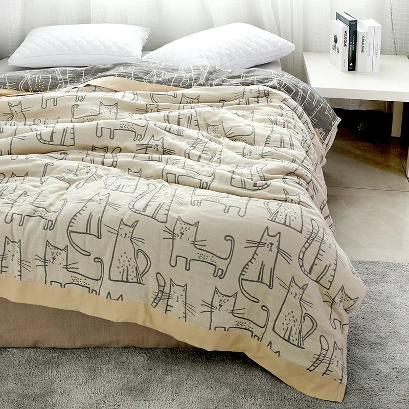 Muslin Cotton Bedspread - Wastart-純綿のツーピースキルトブランケット,漫画の猫のプリントが施された豪華なダブルベッド,夏用の掛け布団カバー,サイズの寝具