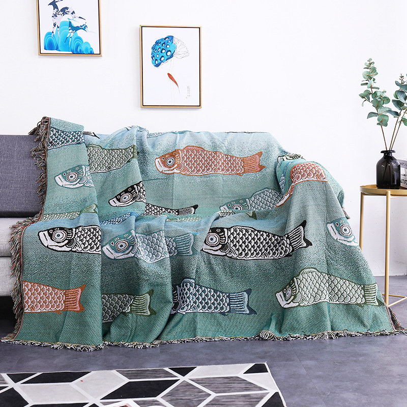 Boho Throw Blanket Fringe - 鯉のジャカード織りスローブランケット、ボヘミアンオーシャンテーマのタペストリースローブランケット、フリンジ付き、海岸スタイルのソファブランケット、家の装飾用