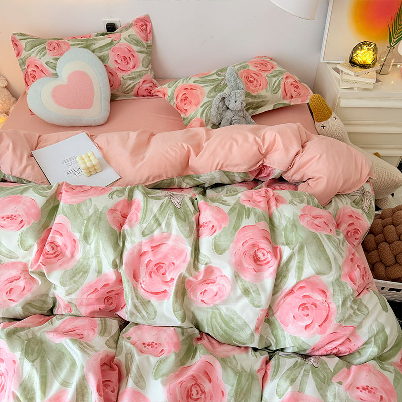 Duvet Cover Sets With Zipper - ピンクローズ布団カバーセットジッパーファッションガールズ 3 4 個寝室フラットベッドシート枕カバーシングルダブルサイズイン寝具セット