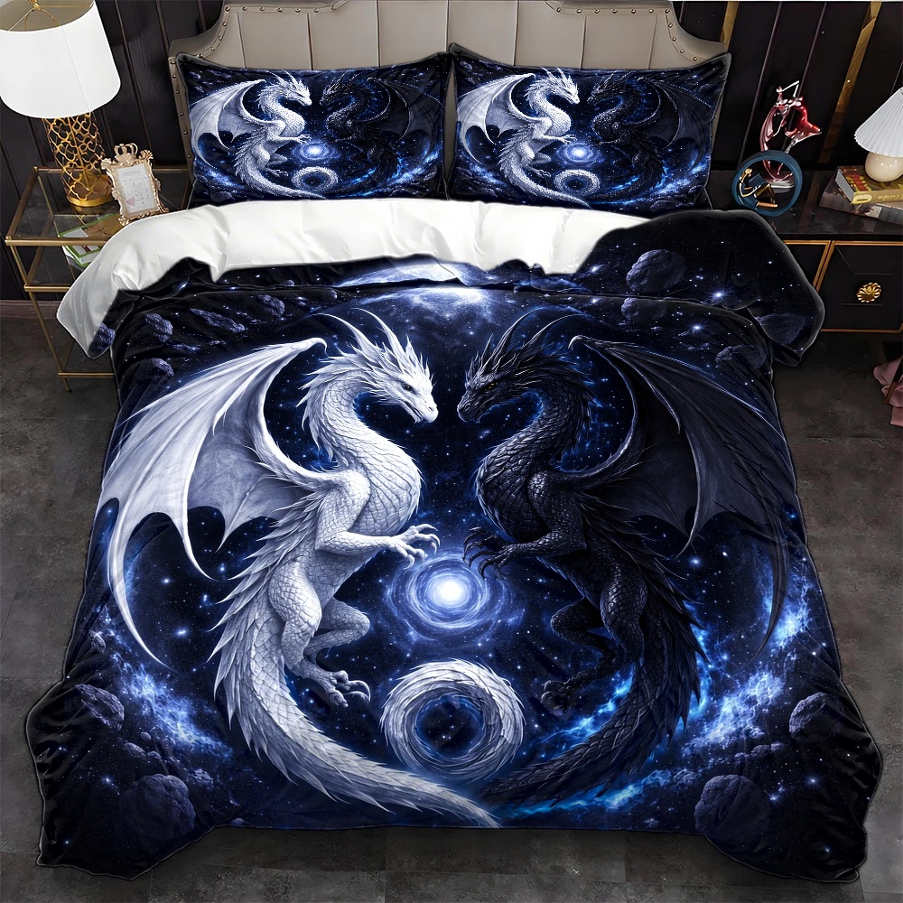 Duvet Cover Sets With Zipper - 3ピース星空ドラゴントーテム布団カバーセット、3ピース寝具セット（布団カバー1枚+枕カバー2枚）、オールシーズン対応、洗濯機洗い可能、見えないジッパー付きダブルベッドカバー、自宅、寮、マスターベッドルーム、ゲストルームに最適、大型寝具セット、夢のような宇宙ドラゴン柄寝具、売れ筋輸出用ベッドカバーセット、北欧スタイルファンタジー寝具セット、快適で肌に優しい寝室用寝具、2Dフラットプリント