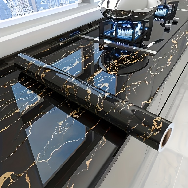 Kitchen - 高級ブラックマーブル壁紙1枚 - 自己粘着性、金色の模様が入った大型キッチンバックスプラッシュ、23.62インチ x 196.85インチ、簡単設置