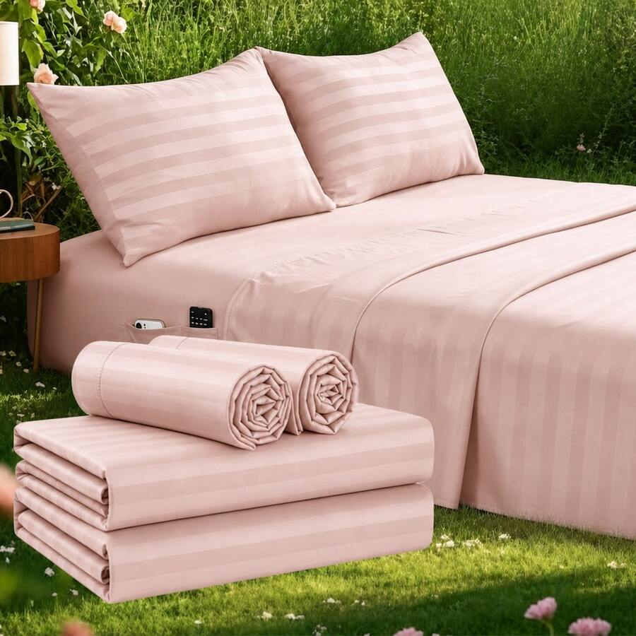 ストライプ柄クーリングシーツセット キングサイズ - フィッ - Fitted Bed Sheets Deep Pocket のレビューと価格