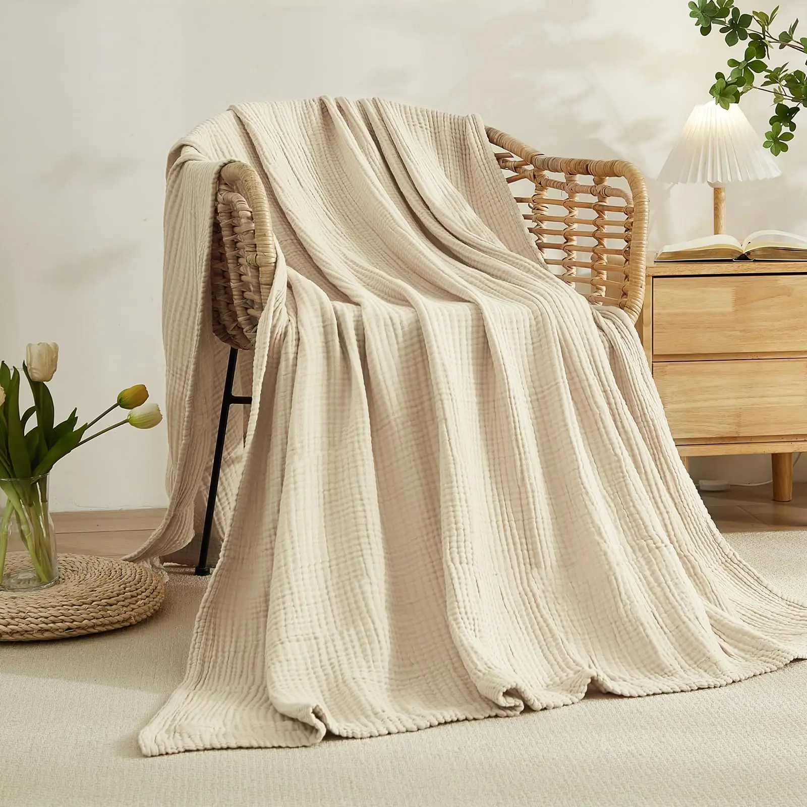 100%コットン製ベッド用ブランケット、柔らかなモスリン生地 - Muslin Cotton Bedspread のレビューと価格