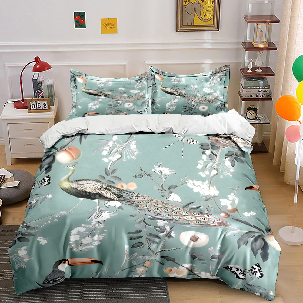 3PC ピーコックオオハシ花柄寝具セット、トロピカルバード＆ - Aesthetic Floral Duvet Cover のレビューと価格