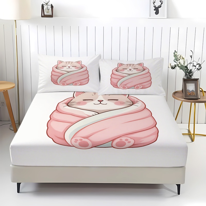 可愛い猫柄フィットシーツセット、居心地の良い眠れる猫ちゃんが - Fitted Bed Sheets Deep Pocket のレビューと価格