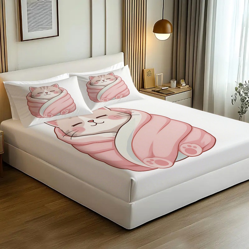 可愛い猫柄フィットシーツセット、居心地の良い眠れる猫ちゃんが - Fitted Bed Sheets Deep Pocket のレビューと価格