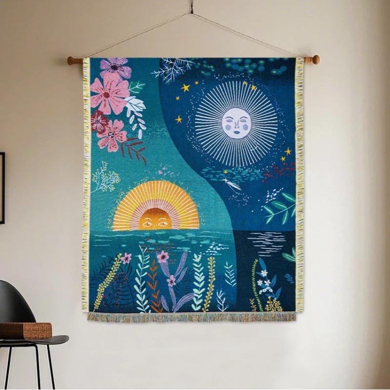 天体の太陽と月を織り込んだタペストリー、ボヘミアンシックな壁 - Boho Throw Blanket Fringe のレビューと価格