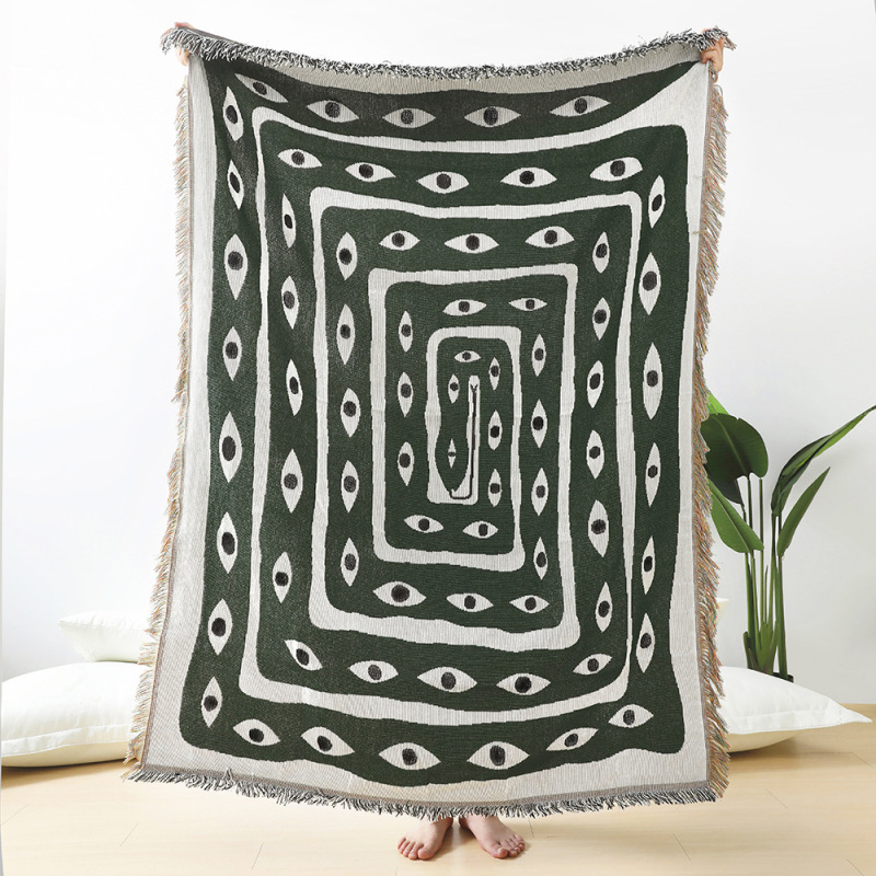 グリーンホワイト邪眼ジャカードスローブランケット抽象的な目の - Boho Throw Blanket Fringe のレビューと価格